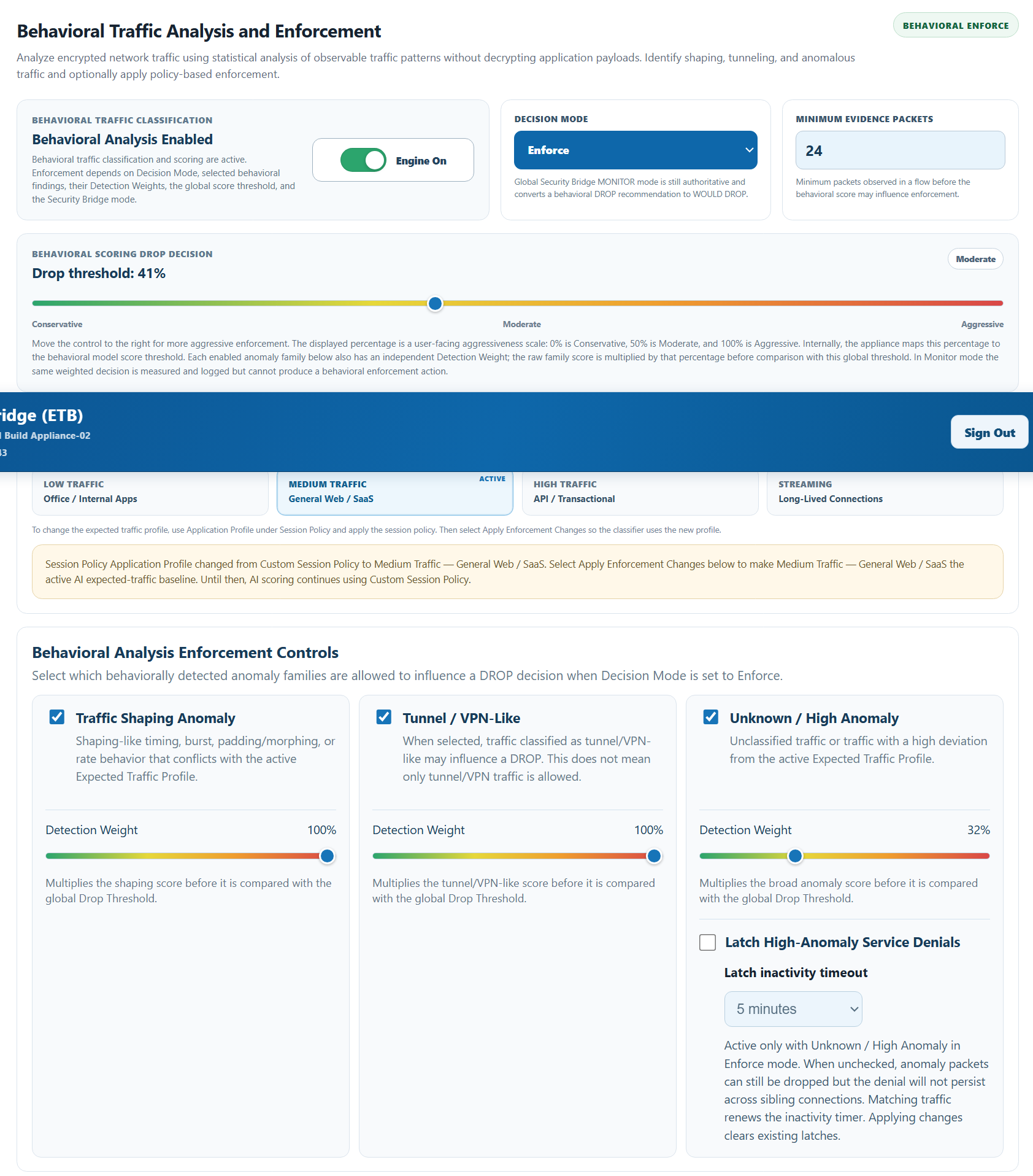 Actual ESBA appliance behavioral analysis and enforcement controls screenshot