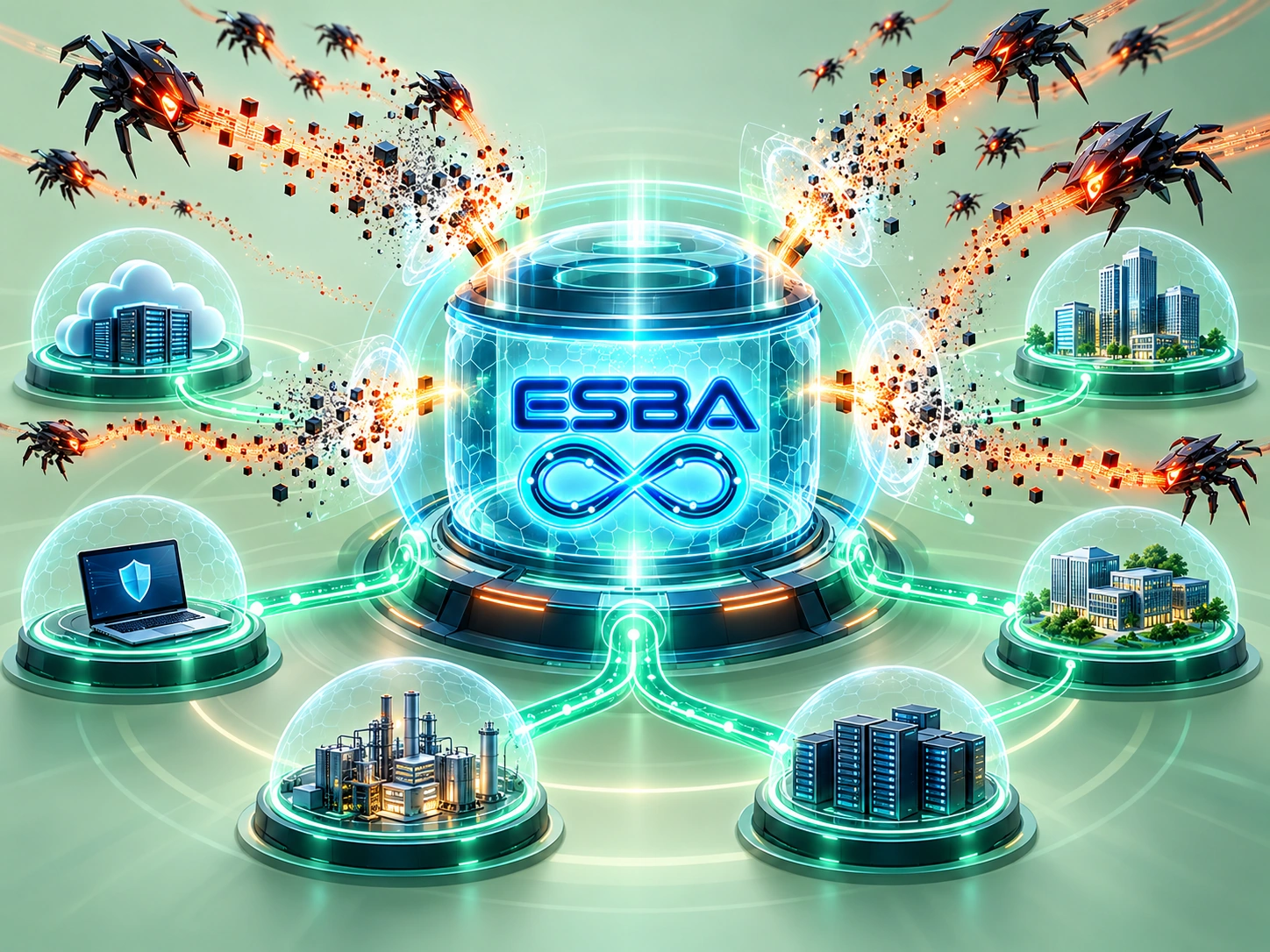 Illustration showing agentic attacks intercepted and cryptographically contained by ESBA while protecting multiple environments